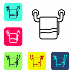 Sticker - Black line Towel on a hanger icon isolated on white background. Bathroom towel icon. Set icons in color square buttons. Vector