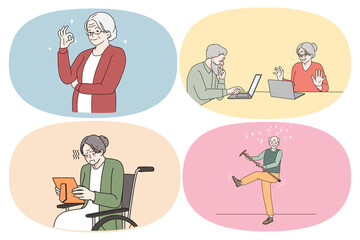 Wall Mural - Life situations of pensioners concept. Set of mature people grandparents showing ok sign playing with stick learning online chat and laptop and feeling lonely looking at photo vector illustration