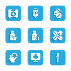 Poster - Set Bottle of medicine syrup, Map pointer with cross hospital, Pipette, Crossed bandage plaster, Male head, Medicine pill or tablet and First aid kit icon. Vector