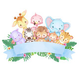 Fototapeta Pokój dzieciecy - Cute animals with blank blue ribbon banner. Watercolor and vector illustration. 