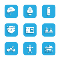 Sticker - Set Action extreme camera, Bungee jumping, Jet ski, Snowboard, Bicycle, Speedboat, Skateboard trick and helmet icon. Vector