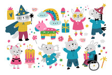 Birthday Animals Set With Gifts, Cakes, Ice Cream, Surprise. Zebra, Raccoon, Elephant, Hare, Mouse, Rabbit, Bear At A Holiday Party. Kids Celebration With Cartoon Animal Characters Illustration