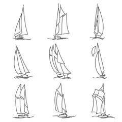 Wall Mural - Set of simple vector images of sailing ships on waves drawn in line style.