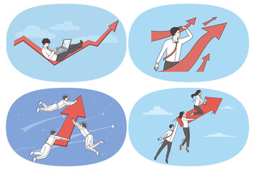 Wall Mural - Development and success of business strategy concept. Set of young determined businessmen colleagues enjoying development working as team together feeling positive with arrows vector illustration 