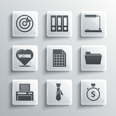 Poster - Set Tie, Time is money, Document folder, File document, Printer, Heart with text work, Target sport and Table lamp icon. Vector