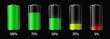 Battery charge indicator. Realistic electric accumulator empty and full icons, battery cells symbols. Vector low energy illustration