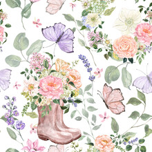 Watercolor Spring Floral Seamless Pattern. Hand Painted Rubber Rain Boots With Blush Pink And Purple Flowers, Greenery, Leaves, Butterflies On White Background. Garden Themed Design.