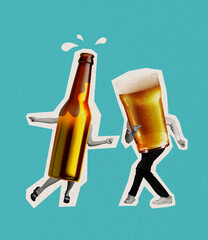 dancing beer bottle and glass on human legs. contemporary art collage. concept of festival, drinks a
