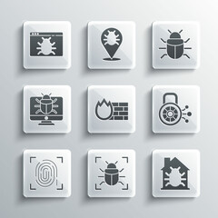 Sticker - Set System bug, House system, Cyber security, Firewall, wall, Fingerprint, on monitor, and icon. Vector