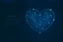 Abstract Isolated Blue Image Of A Heart. Polygonal Illustration Looks Like Stars In The Blask Night Sky In Spase Or Flying Glass Shards. Digital Design For Website, Web, Internet.