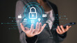 © butsaya33 - Internet online technology security policy that business people can trust, abstract business people palm hand with icons that convey the safety of online transactions, financial technology concept.