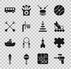 Sticker - Set Ray gun, Puzzle pieces toy, Roller skate, Drum with drum sticks, Basketball backboard, Arrow sucker tip, Bus and Pyramid icon. Vector