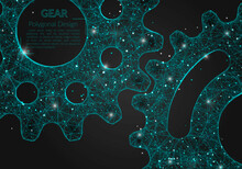 Abstract Isolated Blue Image Of A Gear. Polygonal Illustration Looks Like Stars In The Blask Night Sky In Spase Or Flying Glass Shards. Digital Design For Website, Web, Internet
