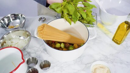 Poster - Step by step. Cooking on pot pasta recipe in an enameled cast iron dutch oven.