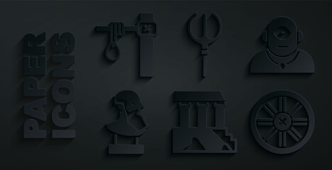 Poster - Set Parthenon, Cyclops, Ancient bust sculpture, Old wooden wheel, Neptune Trident and Gallows icon. Vector