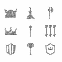 Canvas Print - Set Medieval spear, Hammer, Shield with crown, Crossed arrows, King, axe and Viking horned helmet icon. Vector