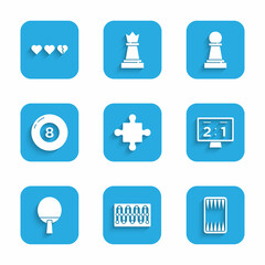 Sticker - Set Puzzle pieces toy, Board game, Backgammon board, Sport mechanical scoreboard, Racket, Billiard pool snooker ball, Chess and Hearts for icon. Vector