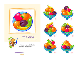 Wall Mural - Logic game for children and adults. Which vase with fruits matches the picture? Top view puzzle. 3D maze. Page for brain teaser book. Developing spatial thinking. IQ test. Vector illustration.