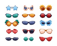 Party Glasses. Cartoon Funny Fashion Sunglasses With Reflections. Round Colorful Summer Spectacles. Different Shapes Eyewear. Plastic Rims And Sun Protection Lens. Vector Accessories Set
