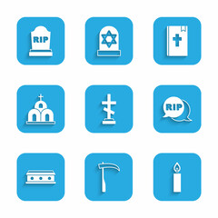 Sticker - Set Grave with cross, Scythe, Burning candle, Speech bubble rip death, Coffin, Church building, Holy bible book and Tombstone RIP written icon. Vector