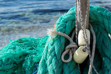 Old Authentic Maritime Ropes And Buoys By The Sea, Nautical Background, Ship Mooring Rope
