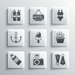 Wall Mural - Set Photo camera with flash, Rubber flippers for swimming, Ice bucket, cream, Bottle of water, Anchor, Aqualung and Swimsuit icon. Vector