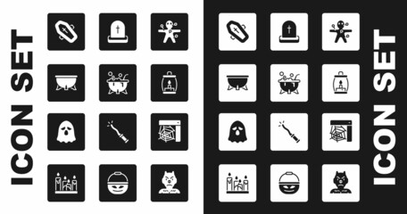 Sticker - Set Voodoo doll, Halloween witch cauldron, Coffin with cross, Camping lantern, Tombstone RIP written, Spider web and Ghost icon. Vector