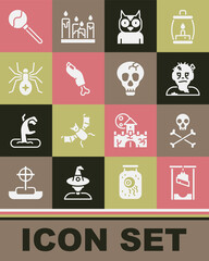 Wall Mural - Set Guillotine, Skull on crossbones, Zombie mask, Owl bird, finger, Spider, Lollipop and icon. Vector