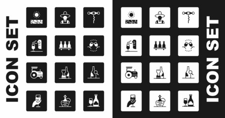 Sticker - Set Wine corkscrew, Bottle of wine, Sommelier, Drought, tasting, degustation, Farmer the hat, and Tractor icon. Vector