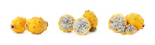 Set With Delicious Yellow Dragon Fruits (pitahaya) On White Background. Banner Design