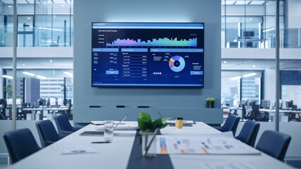 Aufkleber - Modern Empty Meeting Room with Big Conference Table with Various Documents and Laptops on it, on the Wall Big TV with Big Data, Statistics, Talks about Company Growth. Contemporary Designed Workplace.