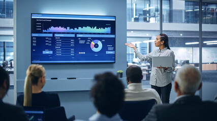 Poster - Modern Product Presentation Event: Black Businesswoman Talks about e-Commerce Product Big Data Statistics, Charts, Revenue Growth Infographics. Live Press Conference for Digital Businesspeople