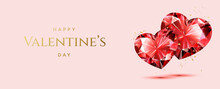 Romantic Valentine's Day Background With Red Diamond Pair Of Hearts And With Golden Confetti
