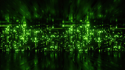 3d render, abstract cyber background with green neon fluorescent lines glowing. Virtual reality matrix, digital high tech wallpaper