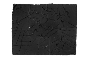 Wall Mural - Torn scratched black paper isolated on white background. Grungy cracked cardboard