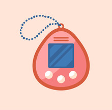 Retro Game Concept. Colorful Pink Sticker With Portable Tamagotchi Device. Caring For Cute Digital Animal. Old Entertainment. Design Element For Social Networks. Cartoon Flat Vector Illustration