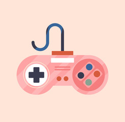 Wall Mural - Retro game concept. Poster with vintage pink gamepad or joystick with buttons for digital games. Entertainment for children and adults. Design element for printing. Cartoon flat vector illustration