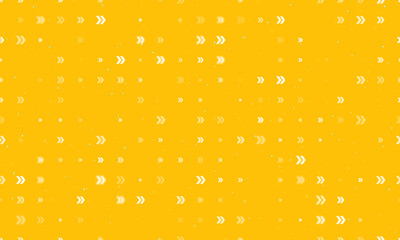 Seamless background pattern of evenly spaced white double arrow symbols of different sizes and opacity. Vector illustration on amber background with stars