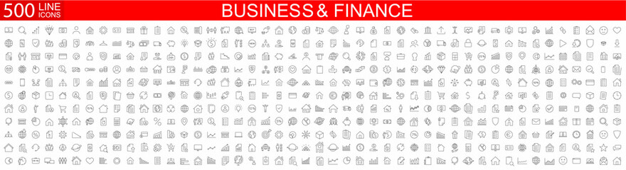Wall Mural - Big set of 500 Business icons. Business and Finance web icons. Vector business and finance editable stroke line icon set with money, bank, check, law, payment, wallet, deposit. Vector illustration.