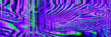 Abstract Purple Pink Green Psychedelic Zebra Banner Background Interlaced Digital Distorted Motion Glitch Effect. Futuristic Striped Cyberpunk Design. Webpunk Rave 80s 90s 70s Groovy Techno Neon
