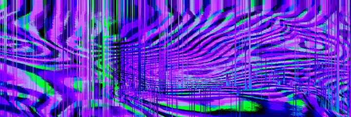 Wall Mural - Abstract purple pink green psychedelic zebra banner background interlaced digital Distorted Motion glitch effect. Futuristic striped cyberpunk design. Webpunk rave 80s 90s 70s groovy techno neon