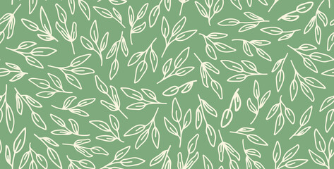 Outline leaves seamless repeat pattern on sage green background. Random placed, vector doodled botany leaf all over surface print.