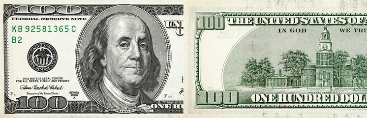 100 dollar bill, USA money, two sides, the largest denomination