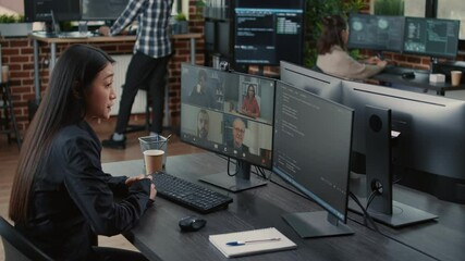 Software company employee in video call conference with client team discussing coding project deadline. Programer having online chat with clients and business owner about source code.