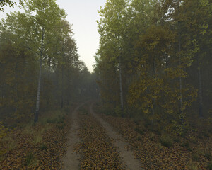 Wall Mural - Dirt road with tire tracks and fallen leaves in an autumn forest on a misty morning. 3D render.