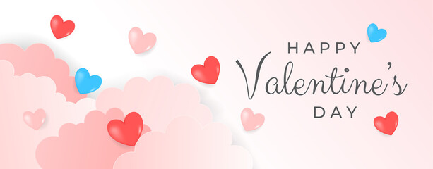 Wall Mural - Valentines day background with Heart Shaped Balloons. Valentine's day sale banner template with 3D hearts with cloud. Vector illustration banners. Wallpaper flyers, invitation, posters, brochure