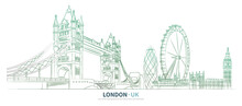 London Cityscape Line Drawing Vector. Sketch Style United Kingdom Landmark Illustration 