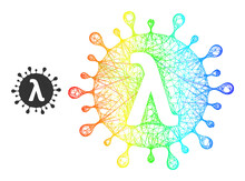Network Lambda Covid Virus Carcass Icon With Spectrum Gradient. Bright Frame Network Lambda Covid Virus Icon. Flat Carcass Created From Lambda Covid Virus Icon And Intersected Lines.