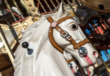 A Close Up Of A Worn And Dirty White Carousel Horse Head.