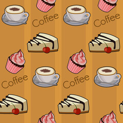 Fototapete - Coffee, cakes and muffins are pink. Vector seamless texture with the inscription 